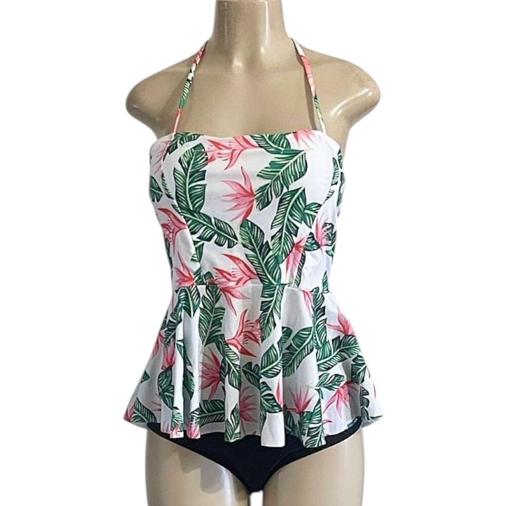 Tropical Halter Peplum Tankini 2-Piece Set 🌿 Flowy Flattering Swimwear (L) - Picture 2 of 8